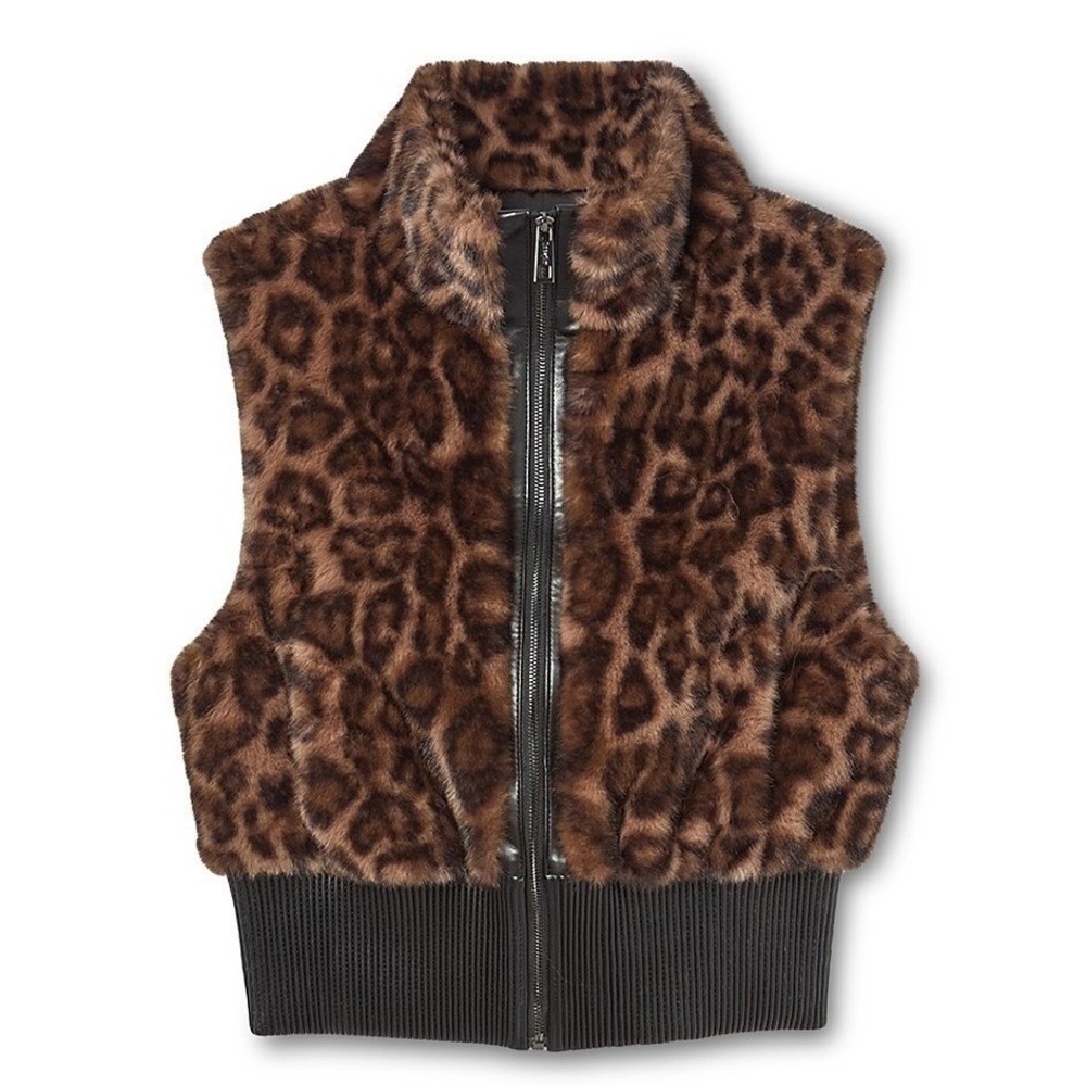 Jocelyn Women Faux Fur Vest Large Brown Multi Leopard Print Zip Up Mobwife NWT